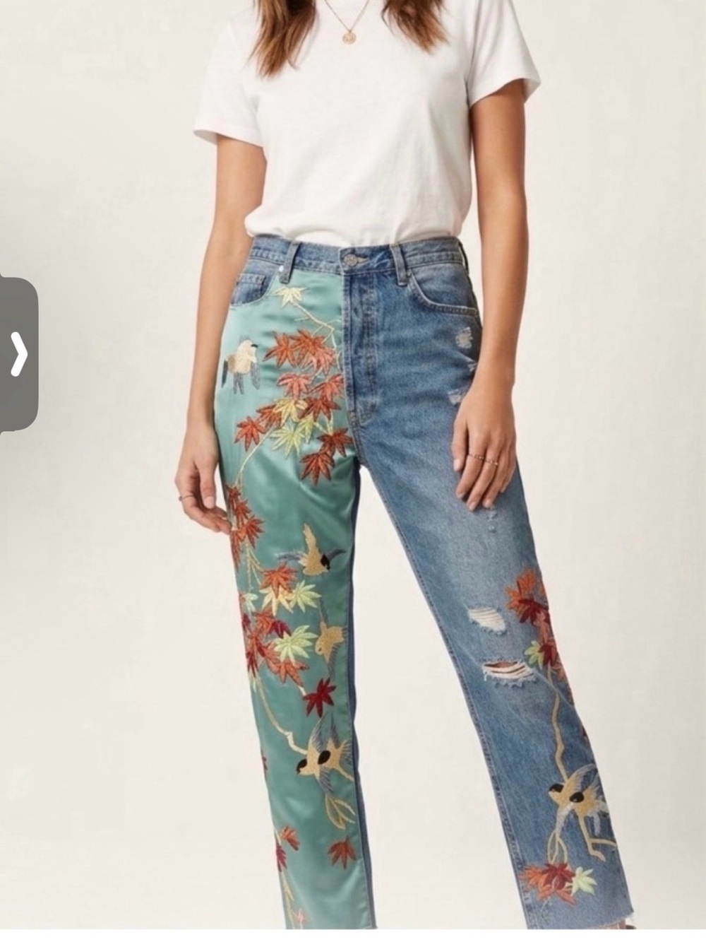 Zara Two-Tone Embroidered Straight Jeans — Teal Satin & Blue Denim